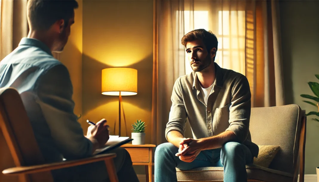 A man sits in a therapist’s office, engaged in a supportive conversation with a counselor. The warmly lit room conveys comfort and openness, symbolizing trust and emotional support in therapy.