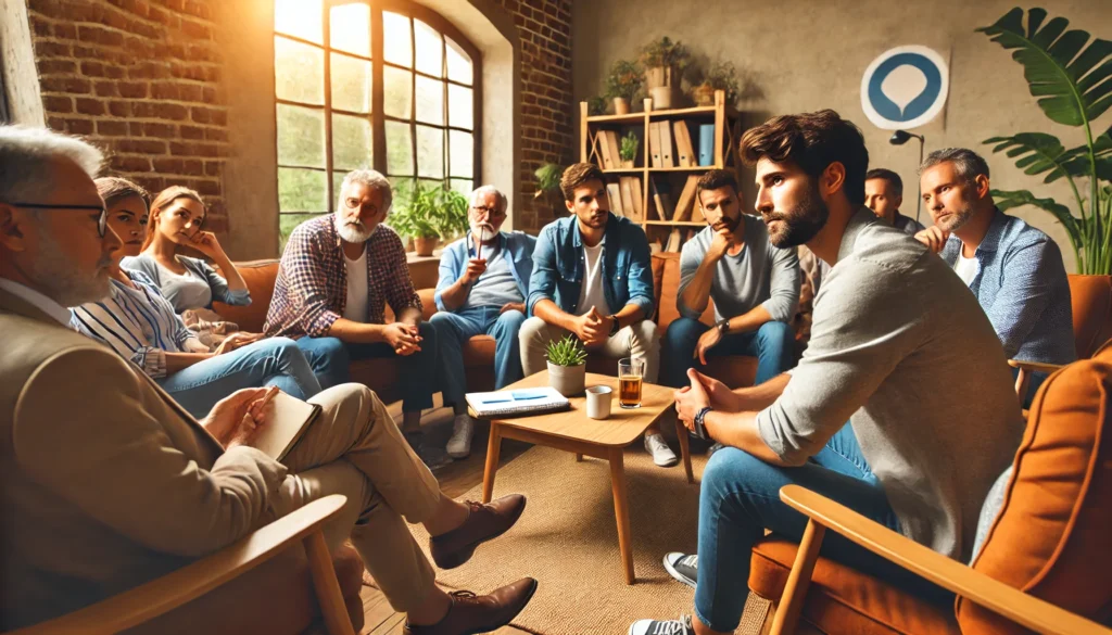 A diverse group of men sits in a support group, openly discussing mental health. The inviting atmosphere promotes emotional connection and breaking the stigma surrounding men seeking therapy.