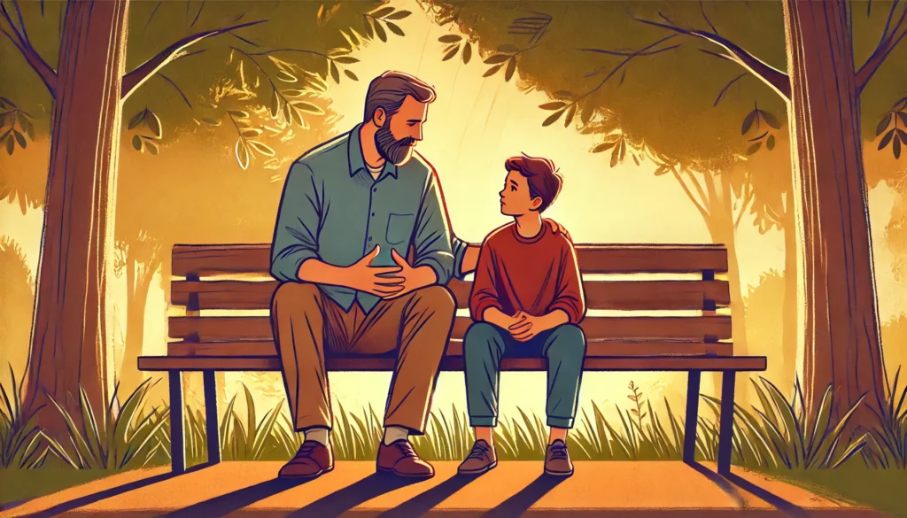 A father and son sit on a park bench, sharing a heartfelt conversation. The father listens attentively as the son expresses his emotions, symbolizing the importance of open dialogue in men’s mental health.