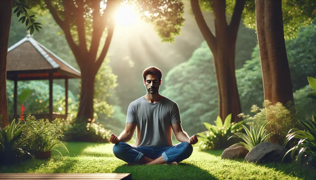 A man practices mindfulness meditation in a peaceful outdoor setting. Sitting cross-legged with a serene expression, he is surrounded by nature, symbolizing self-care and emotional well-being.