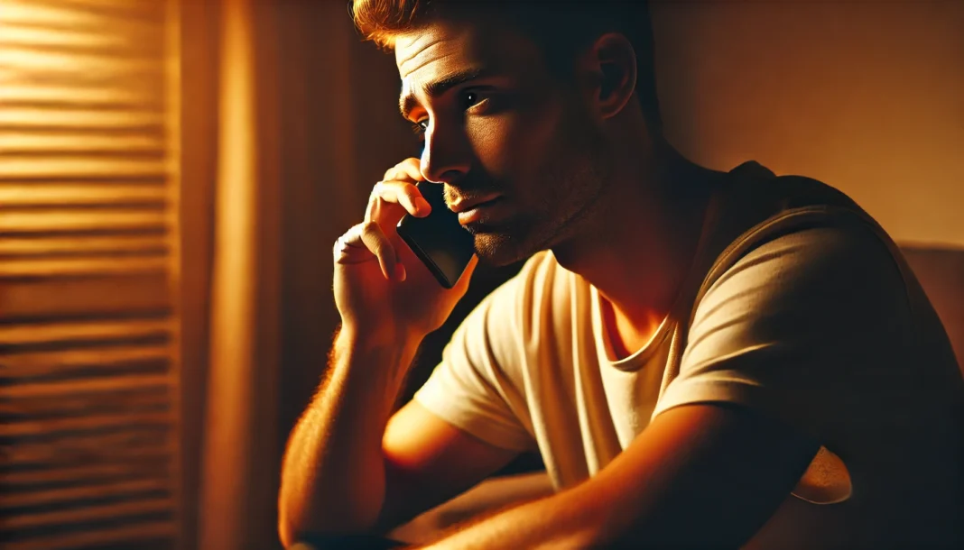 A man sits alone in a dimly lit room, holding a phone to his ear with a hopeful expression. The warm lighting highlights his face, symbolizing the relief and support provided by a men’s mental health hotline.