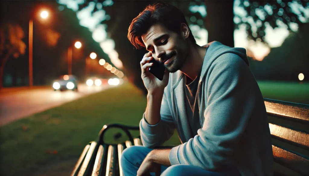 A man sits on a park bench at dusk, talking on his phone. His expression conveys relief and comfort as he receives support, with soft streetlights and nature in the background adding to the sense of peace and reassurance.