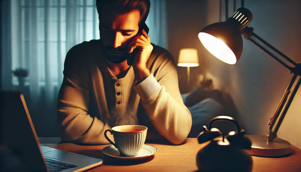 A man sits at his desk at night, holding a phone and looking relieved. A warm lamp and a cup of tea create a cozy atmosphere, symbolizing the comfort and emotional support received from a mental health hotline.