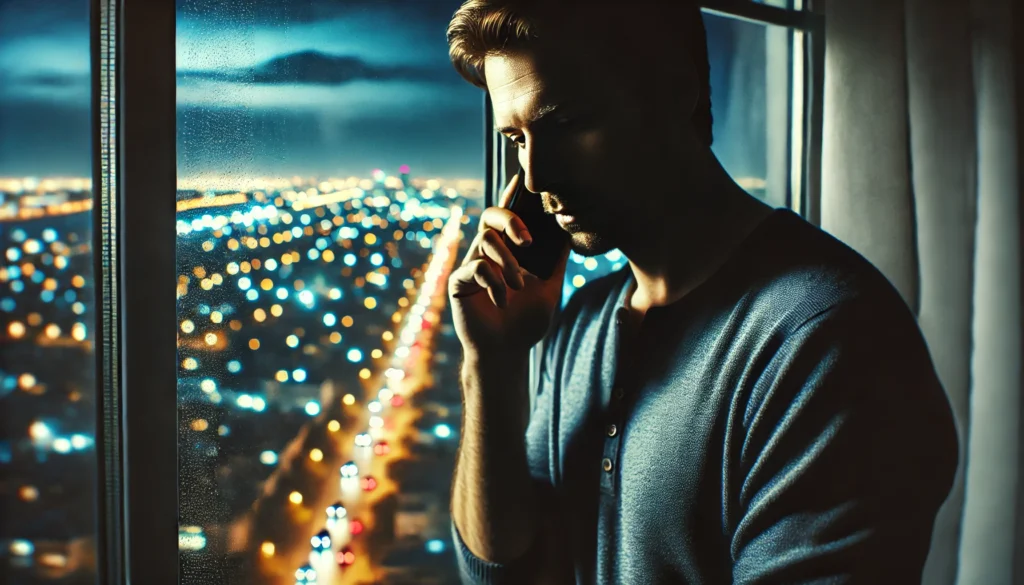 A man stands near a window, talking on the phone with a thoughtful expression. The glow of city lights outside creates a reflective mood, symbolizing how mental health hotlines provide a lifeline for those in need.