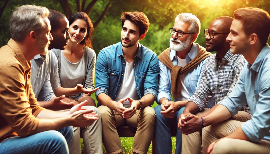 A diverse group of men of different ages and backgrounds sitting together in a park, engaged in a supportive conversation. The warm and friendly atmosphere highlights the importance of connection and raising awareness for men’s mental health.