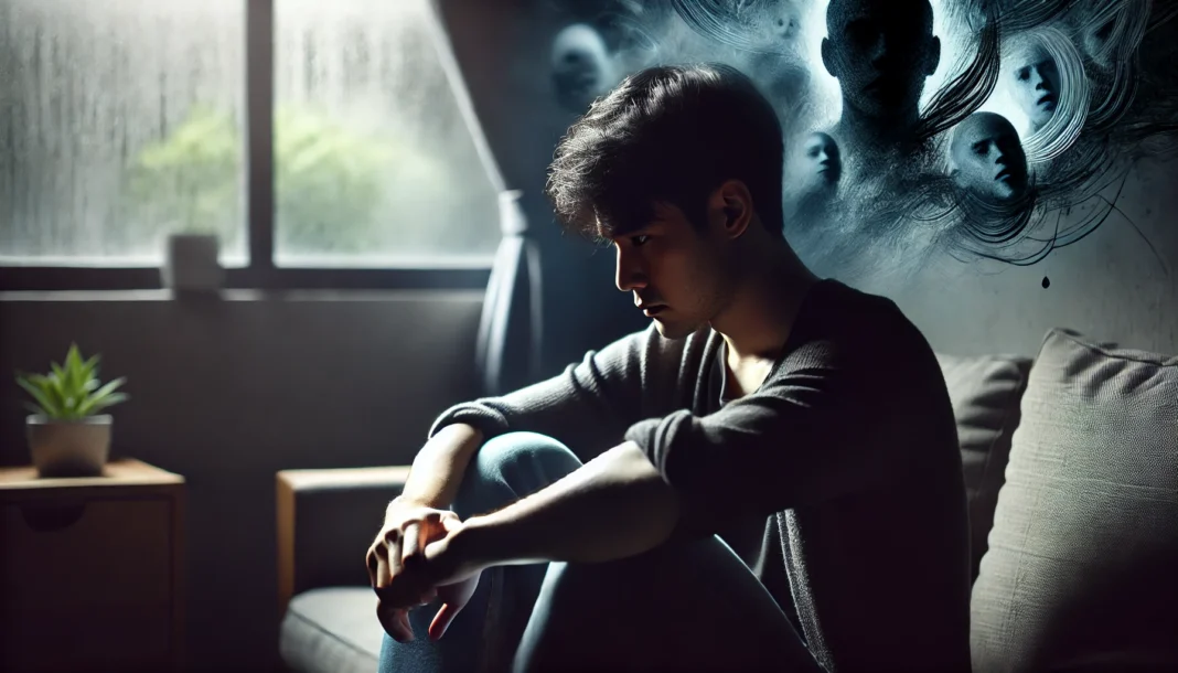 A young adult sits alone in a dimly lit room, gazing out the window with a pensive expression. The blurred background represents overwhelming thoughts, symbolizing anxiety and stress.