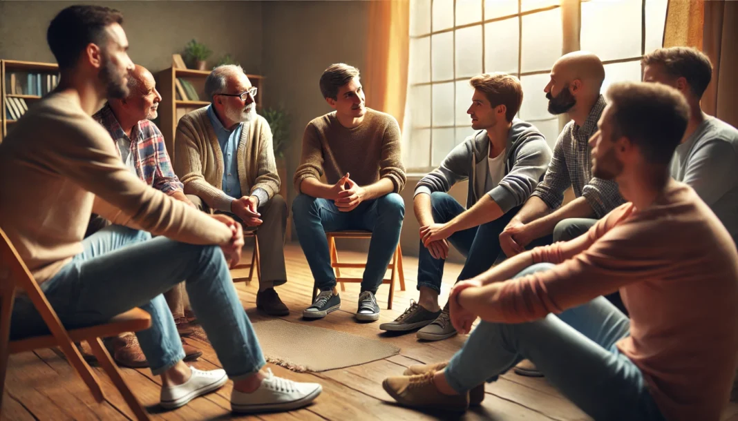 A heartfelt scene of men in a support group, sharing experiences in a warm and welcoming community center, evoking a sense of connection and empathy.