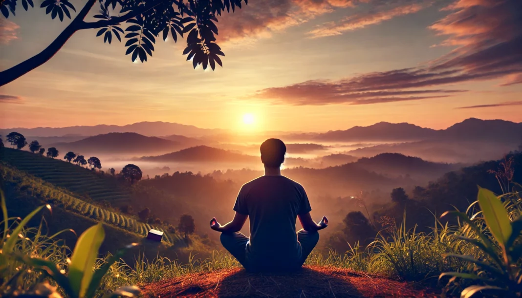 A serene scene of a person meditating outdoors at sunrise, symbolizing the role of mindfulness in maintaining mental well-being.