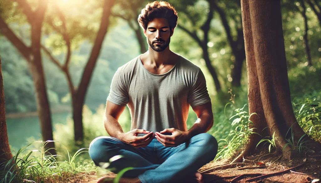 A man practicing self-care by meditating outdoors, surrounded by nature. His calm expression and the soft sunlight filtering through the trees symbolize mindfulness and the importance of well-being.