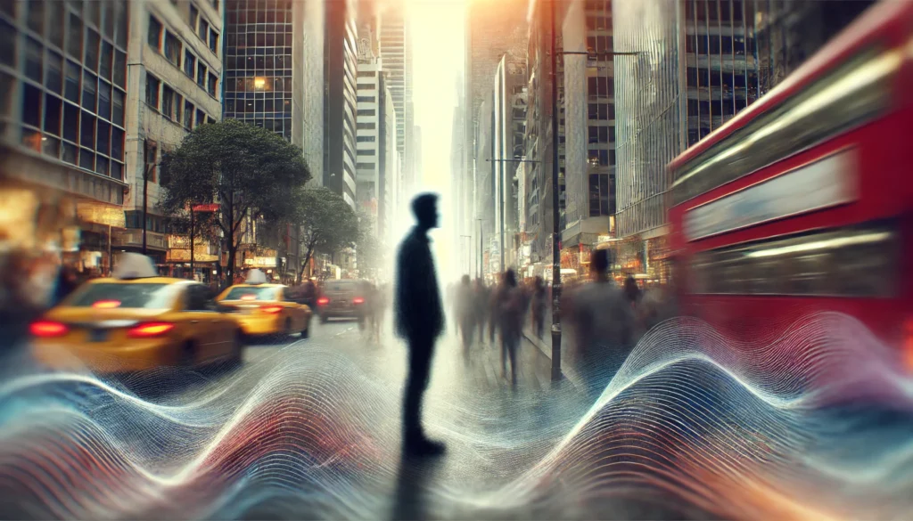 A person stands on a busy street, appearing disconnected as the surroundings blur and distort. The abstract waves in the background symbolize mental fog, social isolation, and emotional exhaustion.