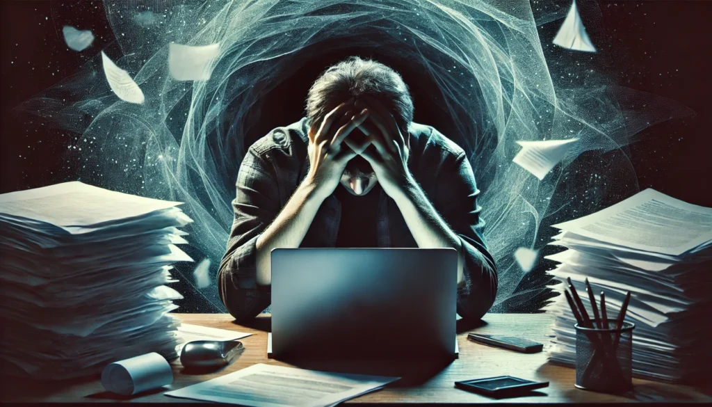 A stressed individual sits at a cluttered work desk, head resting in their hands. Dark swirling patterns in the background represent burnout, mental fatigue, and overwhelming responsibilities