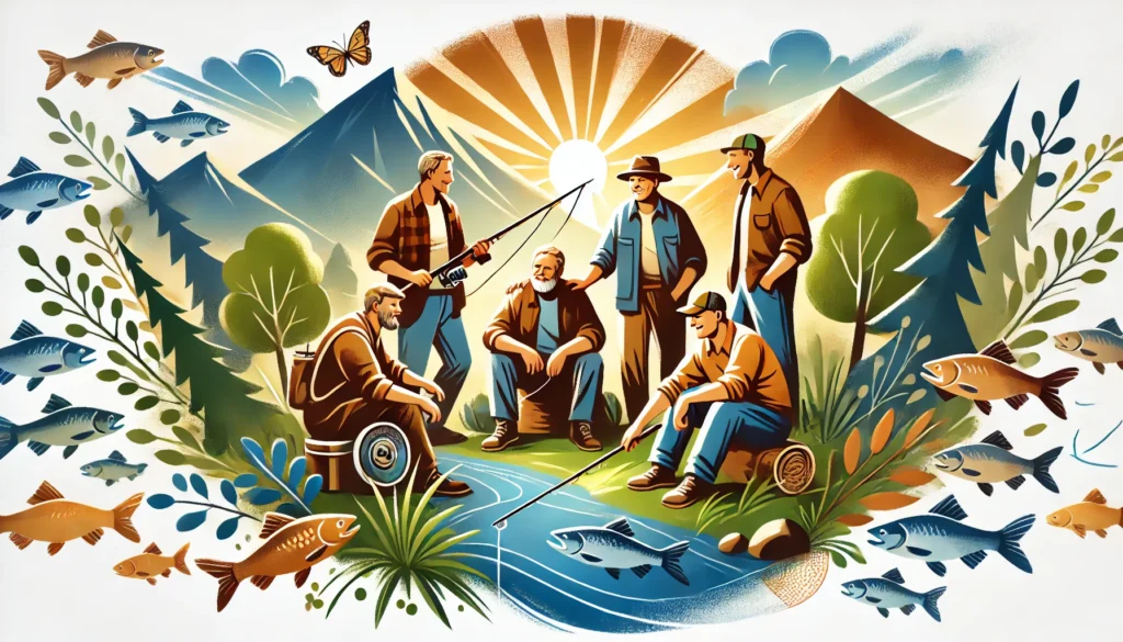 A heartwarming depiction of men engaging in outdoor activities like hiking or fishing, emphasizing camaraderie, friendship, and relaxation.