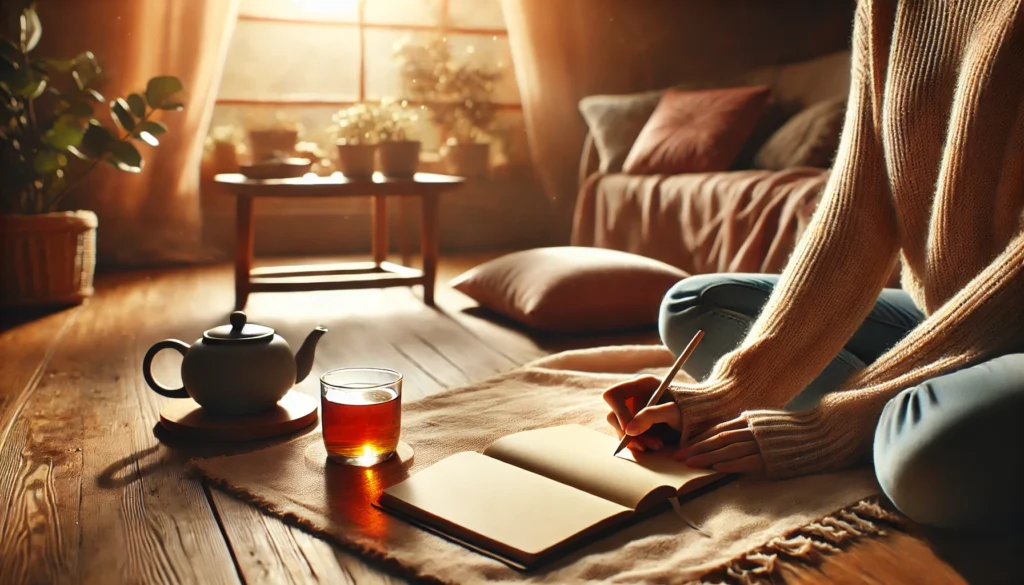 A cozy and uplifting scene of a person journaling in a peaceful room, illustrating the power of self-reflection and gratitude practices.