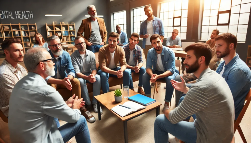 A group of men in a community center participating in a mental health workshop. Some are engaged in discussion, while others listen attentively, symbolizing the role of support and education in men’s well-being.