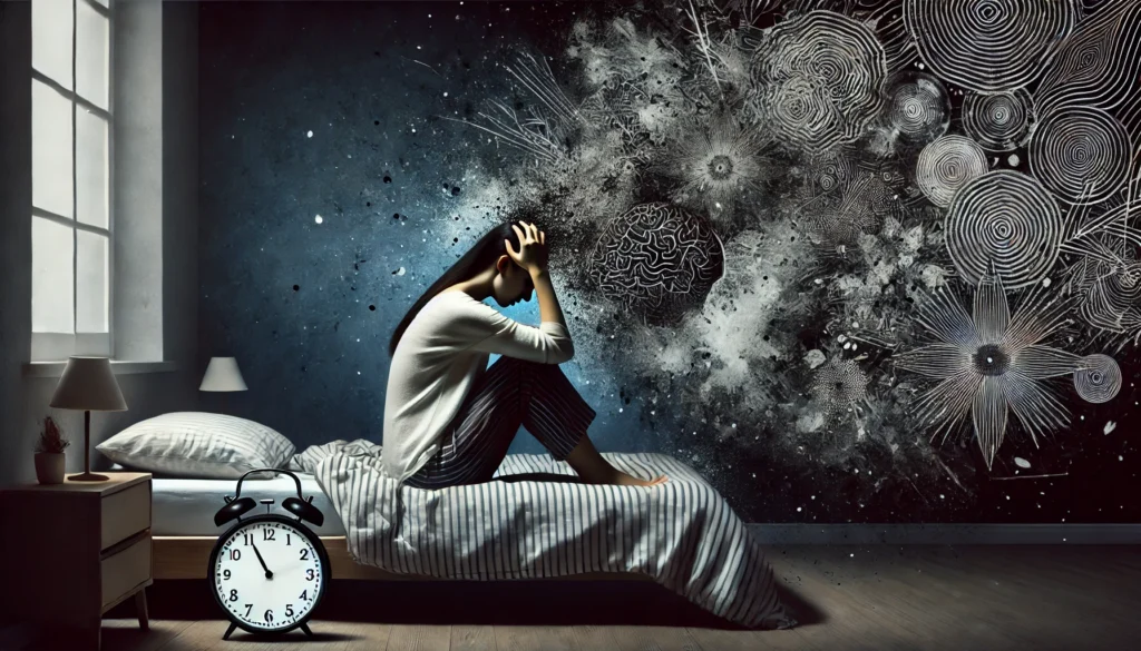 A woman sits on the edge of her bed in a dimly lit room, head in hands. The surroundings dissolve into abstract darkness, symbolizing insomnia, stress, and emotional turmoil, with a clock hinting at sleepless nights.