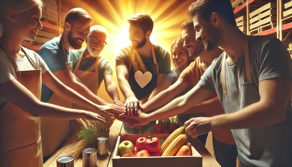 A touching visual of men volunteering together at a food bank or community project, illustrating teamwork, unity, and a shared sense of purpose.