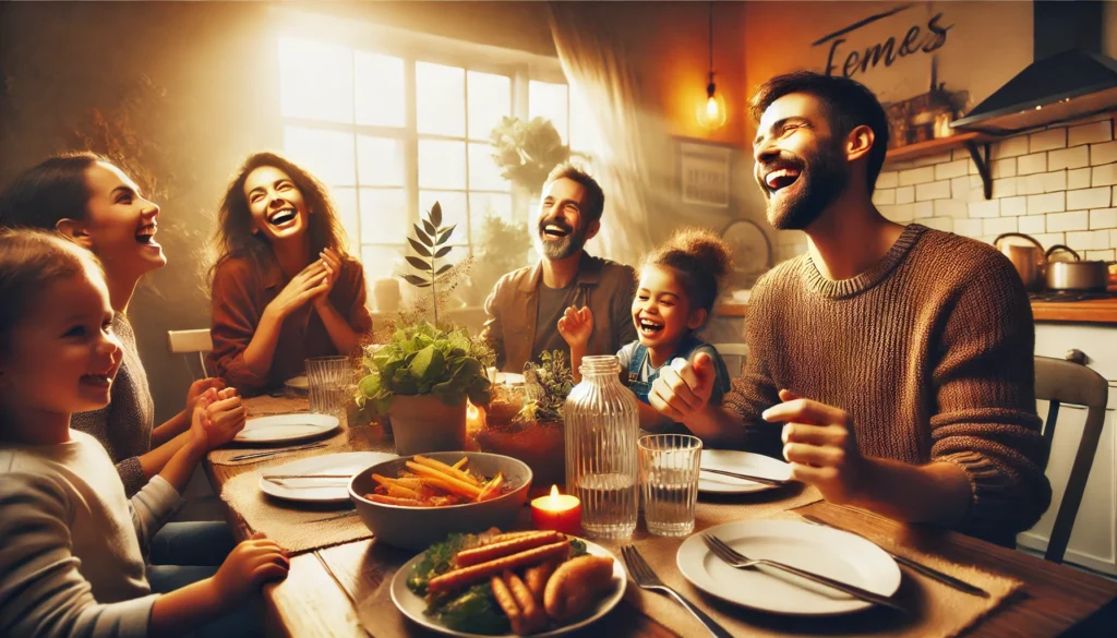 A heartwarming image of friends and family gathered around a dinner table, emphasizing the importance of strong relationships for mental well-being.