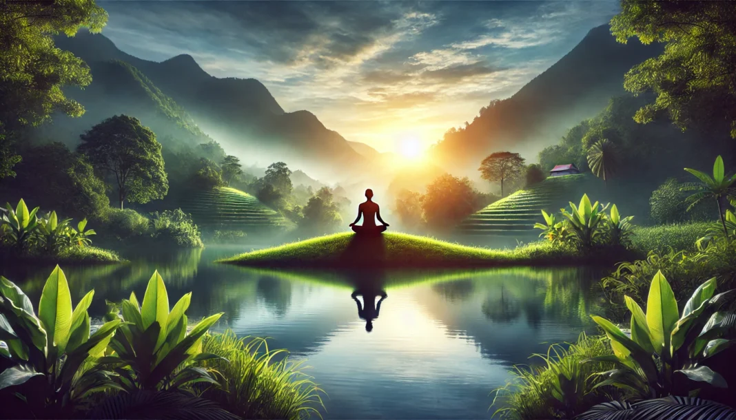 A serene nature scene featuring a person meditating by a calm lake at sunrise, surrounded by lush greenery and mountains. This image symbolizes inner peace, mindfulness, and emotional well-being.