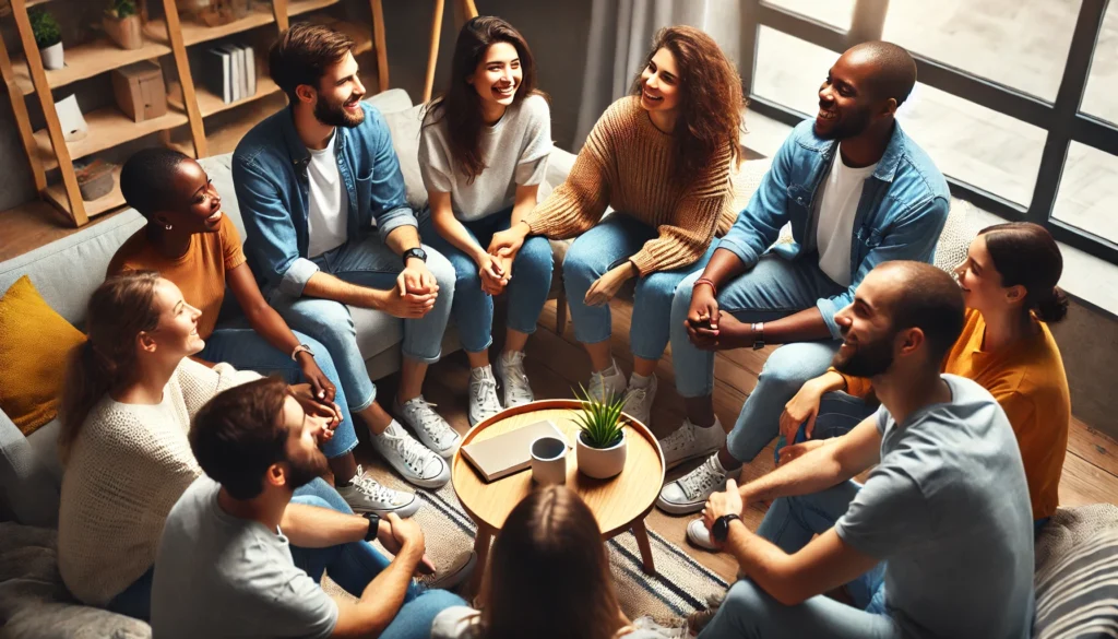 A group of diverse individuals gathered in a circle, engaged in a warm and supportive conversation in a cozy, well-lit setting. The image represents strong social connections, emotional support, and mental well-being.