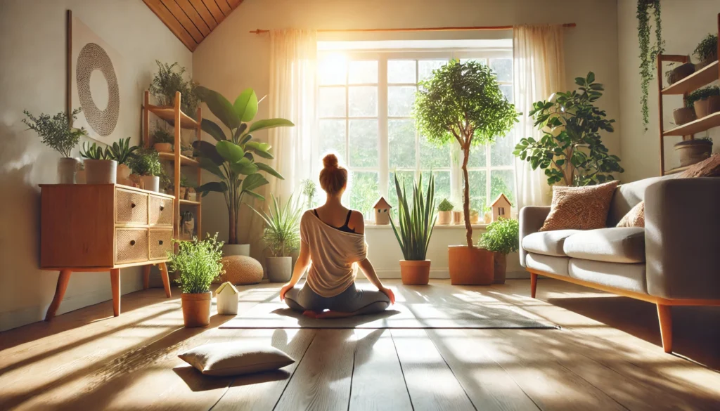 A peaceful home setting where a person is practicing yoga in a sunlit room, surrounded by plants and soft natural lighting. The image conveys relaxation, mindfulness, and a balanced lifestyle.