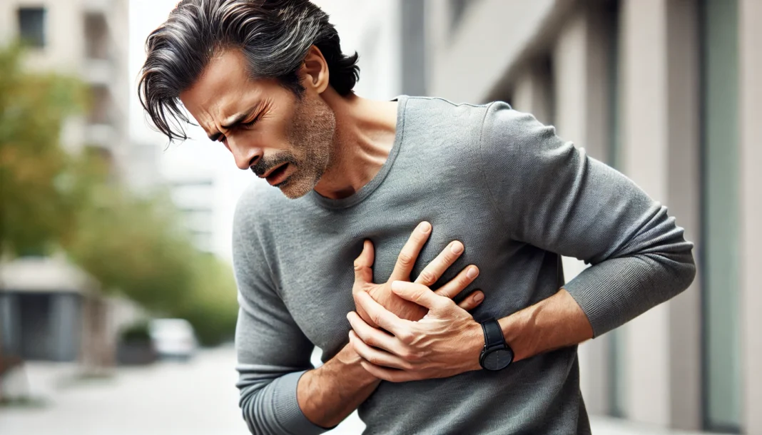 A middle-aged man clutching his chest in pain outdoors, showing signs of a heart attack. His facial expression conveys distress and discomfort, with a blurred background emphasizing his condition.