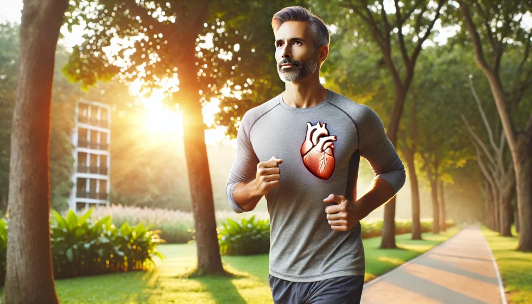 A fit middle-aged man jogging in a park during sunrise, symbolizing a healthy heart. He looks energetic and focused, with lush greenery and a peaceful environment in the background.