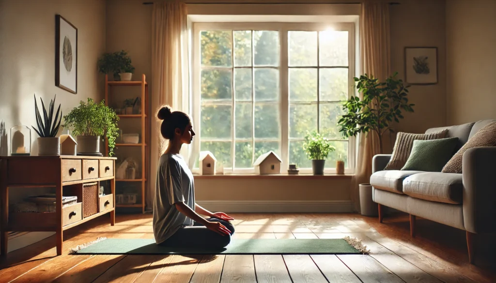 A serene home setting with a person practicing yoga or meditation on a mat near a large window, surrounded by plants and natural light, promoting stress reduction for heart health.