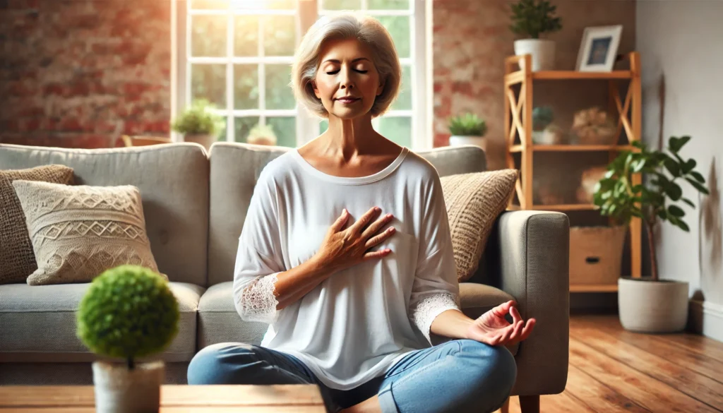 An elderly person practicing mindfulness meditation in a cozy living room filled with natural light, indoor plants, and comfortable furniture, promoting stress management for heart health.