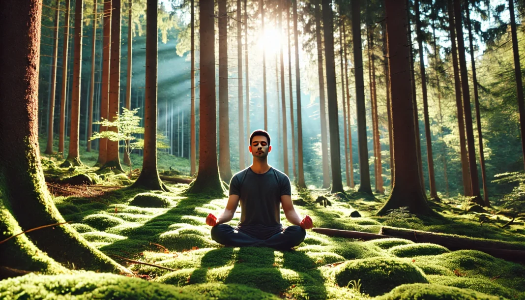 A person practicing mindfulness meditation in a peaceful forest, sitting cross-legged on a mossy ground with eyes closed, surrounded by tall trees and soft sunlight for stress relief.