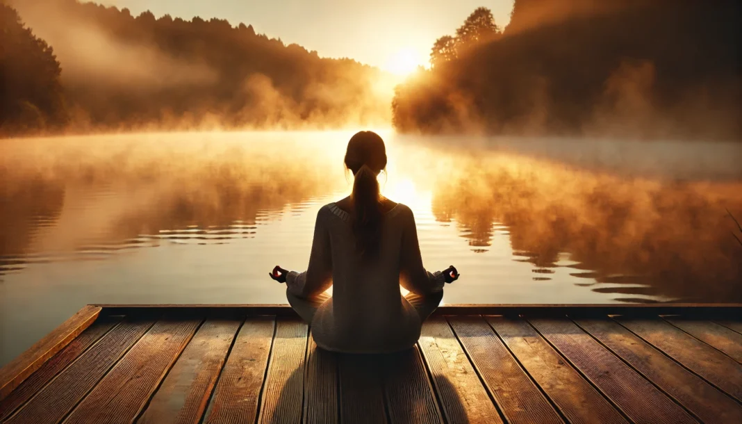 A serene outdoor mindfulness meditation scene with a person sitting cross-legged on a wooden deck at sunrise, overlooking a misty lake with golden light, promoting relaxation and mental clarity.