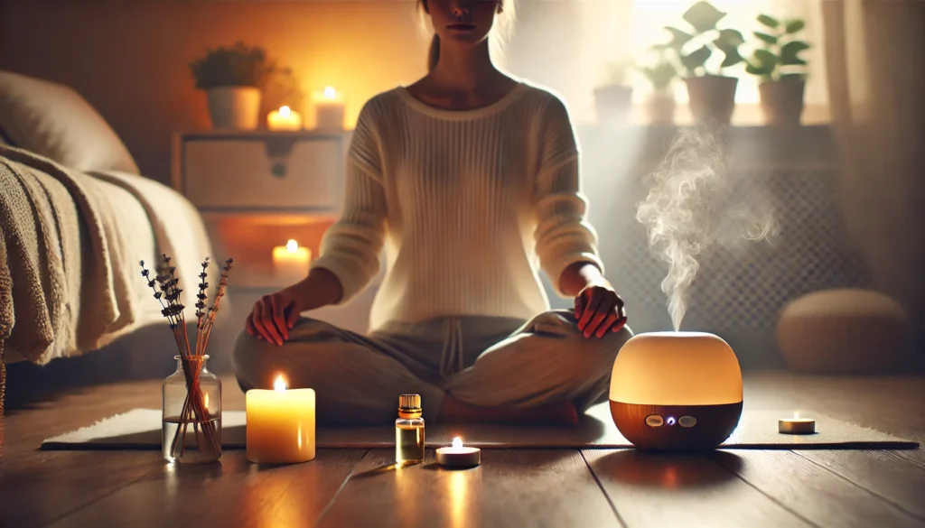 A person meditating indoors in a cozy, softly lit room, sitting cross-legged on a cushion with candles glowing and an essential oil diffuser creating a calming environment for relaxation.