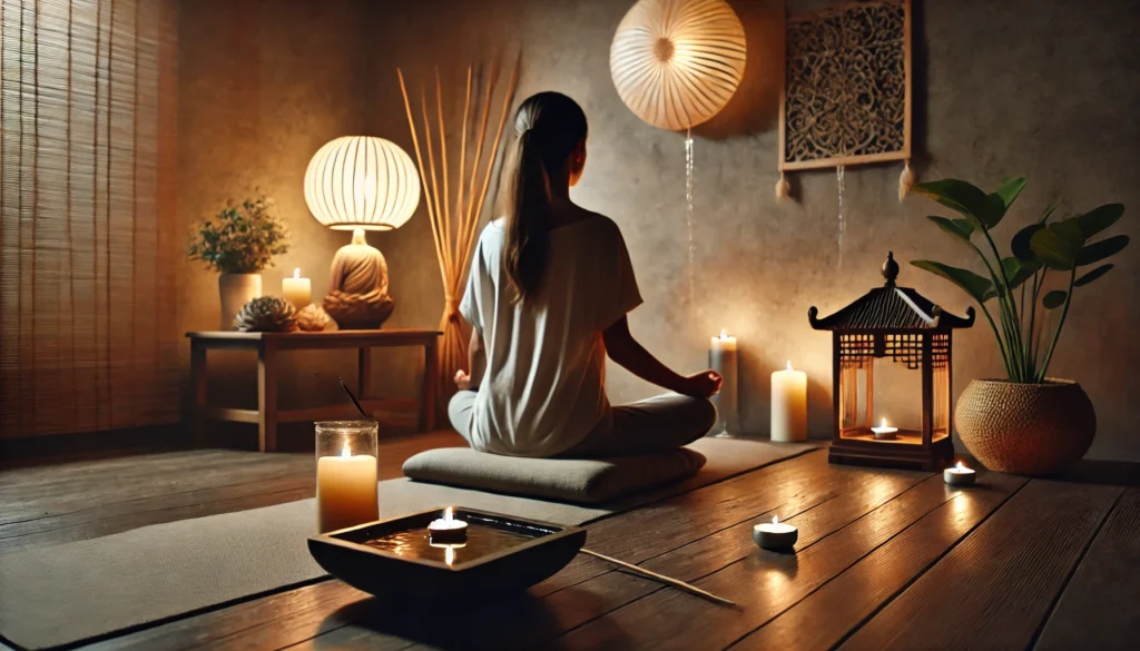 A tranquil indoor mindfulness meditation space with a person sitting on a cushion, surrounded by flickering candles, an incense stick, and a small fountain, creating a calming environment.