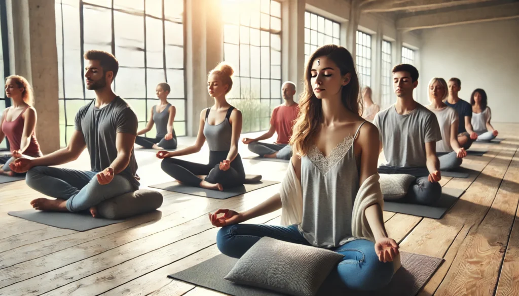 A group mindfulness meditation session in a spacious wellness studio with large windows, where individuals sit cross-legged on cushions, eyes closed, practicing guided breathing techniques.