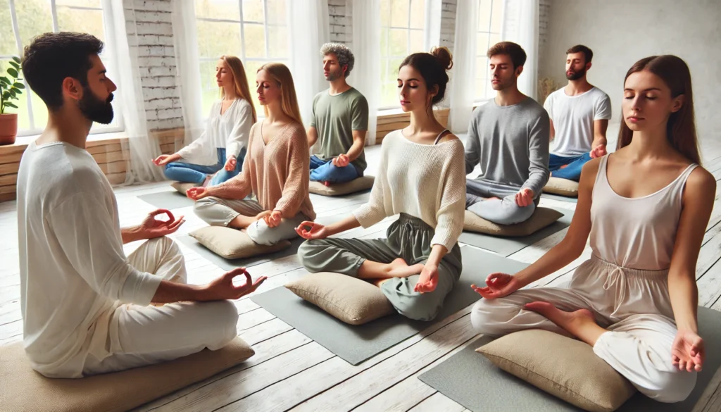 A group mindfulness meditation session in a bright and airy wellness studio, with multiple people sitting cross-legged on cushions, eyes closed, guided by an instructor.