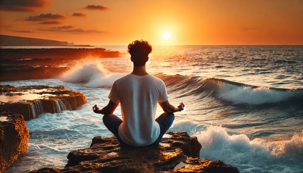 A person meditating on a rocky shoreline at sunset, sitting in a relaxed pose with eyes closed, while gentle waves crash in the background, creating a peaceful setting for anxiety relief.