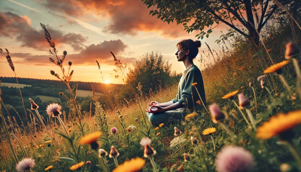 A person practicing mindful breathing meditation on a grassy hill at sunset, surrounded by wildflowers, with warm hues in the sky, promoting relaxation and presence in the moment.