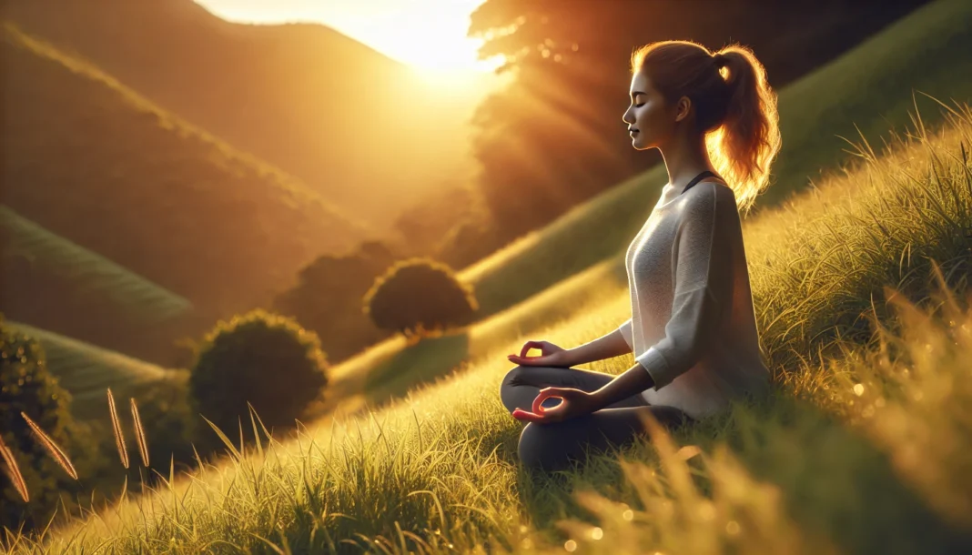 A serene outdoor meditation scene with a person sitting cross-legged on a grassy hill at sunrise, eyes closed, surrounded by golden light and nature, promoting relaxation and stress relief.