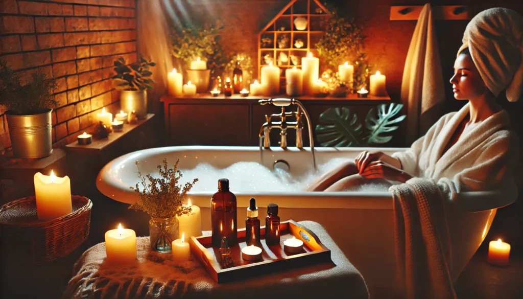 A peaceful indoor self-care scene with a person soaking in a warm bubble bath, surrounded by candlelight and essential oils, creating a cozy and soothing atmosphere for deep relaxation.