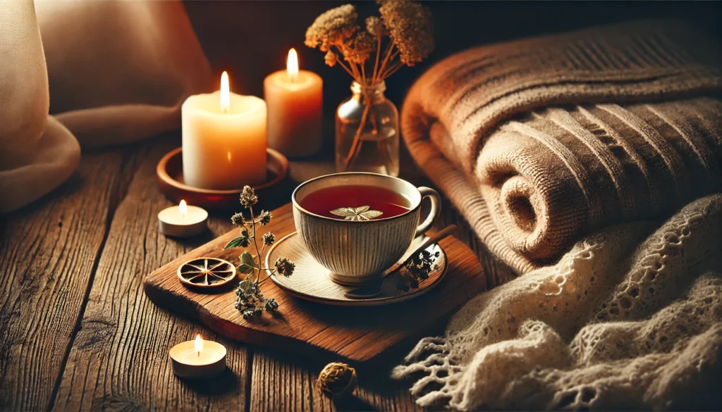 A cozy evening tea ritual featuring a cup of herbal tea on a wooden table, surrounded by a soft blanket and dim candlelight, symbolizing a simple and natural way to relax and relieve stress.