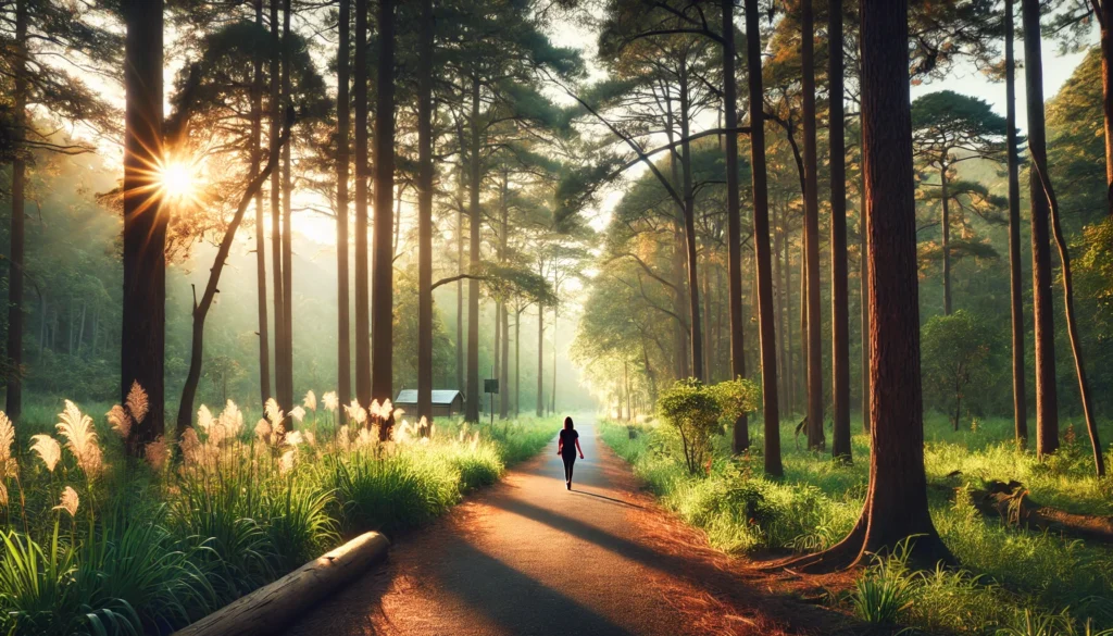 A scenic nature walk with a person strolling along a peaceful forest path, surrounded by tall trees and soft sunlight filtering through the leaves, promoting stress relief and a sense of calm.