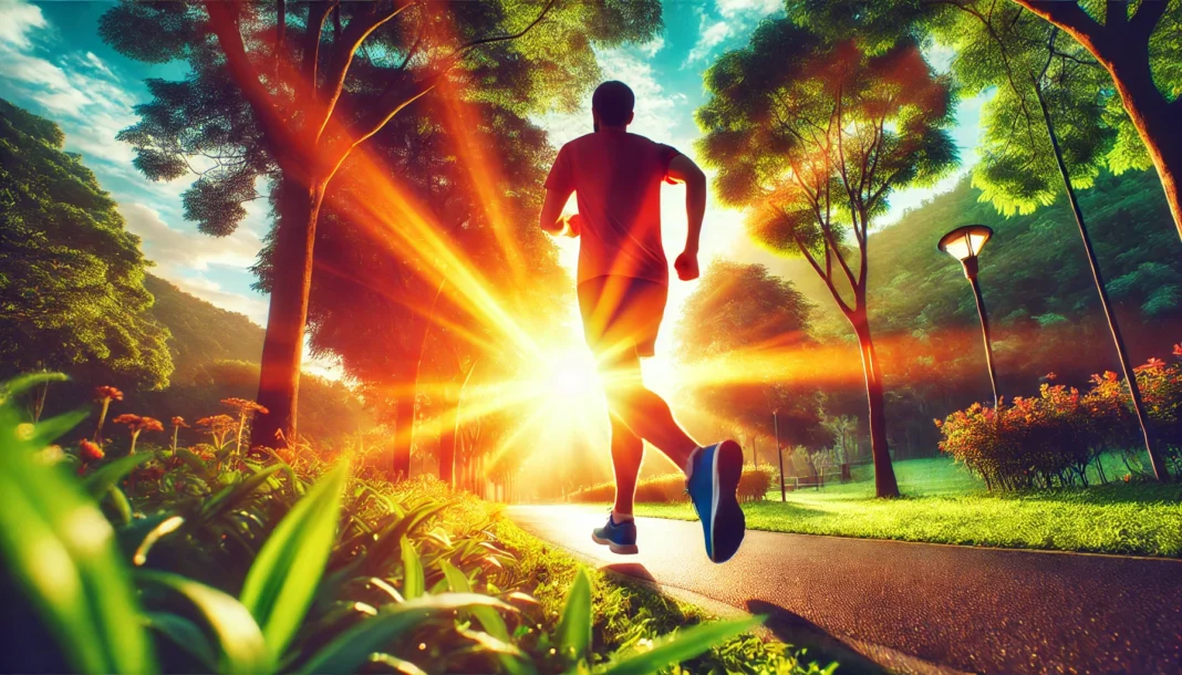 A vibrant outdoor scene of a person jogging in a lush park during sunrise, emphasizing running as a powerful way to improve endurance and heart health.