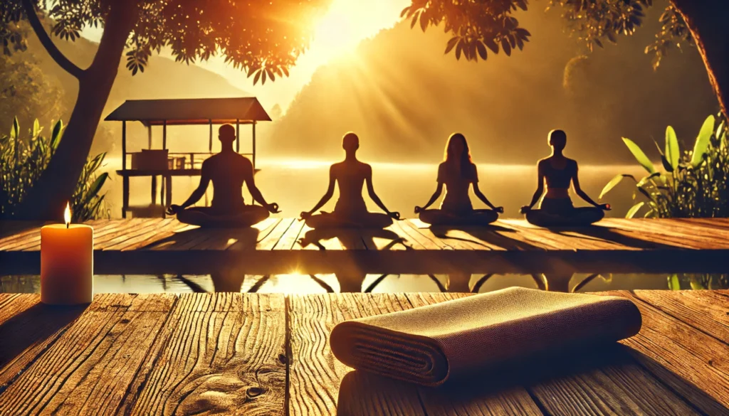 A peaceful scene of a group practicing yoga outdoors, highlighting yoga’s role in enhancing flexibility, strength, and overall physical well-being.