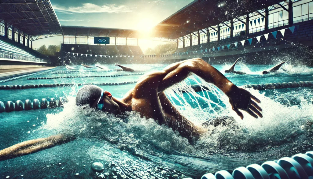 An exhilarating image of a swimmer performing freestyle strokes in an Olympic-sized pool, demonstrating swimming as a full-body workout for cardiovascular and muscular health.