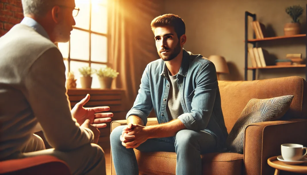 A warm and inviting scene of a male therapist and a male client in a private therapy session, emphasizing trust and open communication.