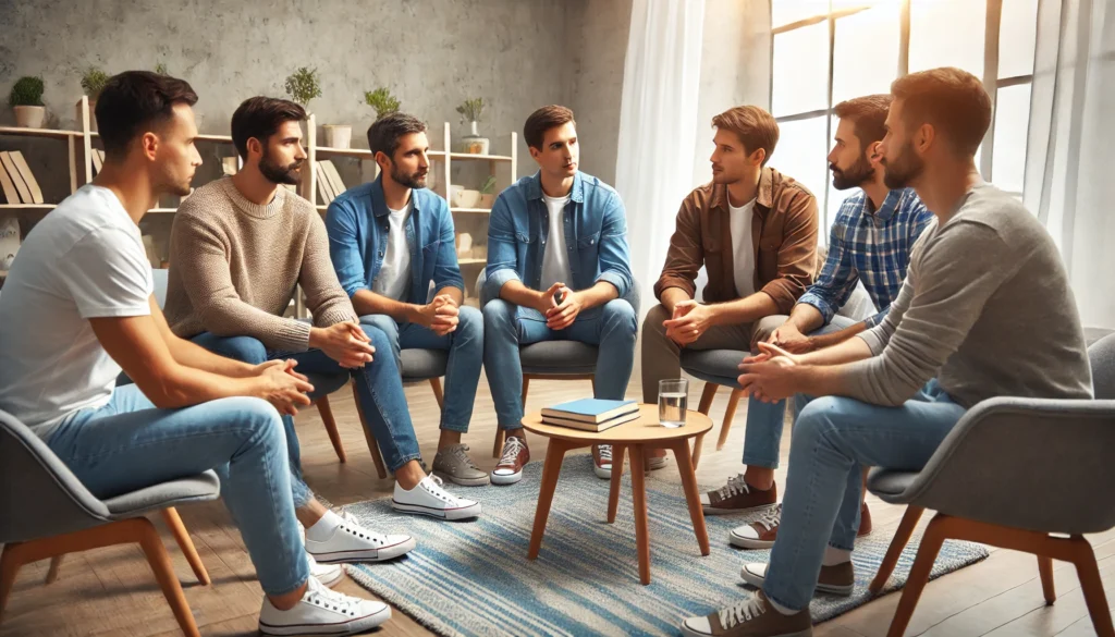 A supportive image of men sitting in a circle during a group therapy session, illustrating the importance of peer support.