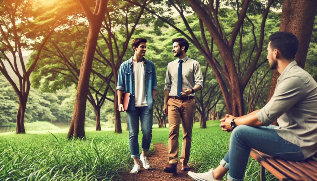 A calming scene of a male therapist and a male client walking together in a park, symbolizing alternative therapeutic methods in a relaxed environment.