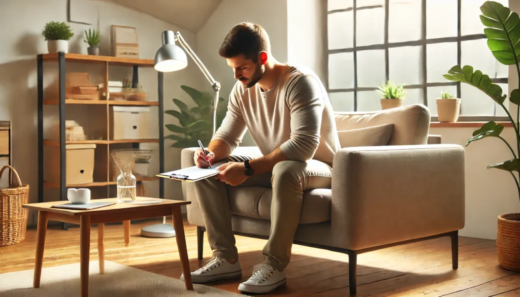 A reassuring image of a man sitting in a welcoming therapy office, filling out a mental health assessment form, representing the process of seeking professional help.