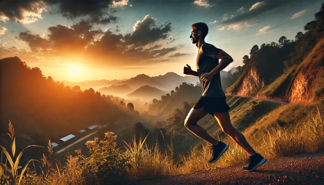 A long-distance runner on a scenic outdoor trail at sunrise, demonstrating endurance and rhythmic breathing for sustained running sessions.