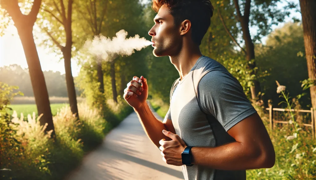 A runner practicing controlled breathing exercises while jogging along a nature path, highlighting deep, rhythmic breathing to sustain long-distance running.