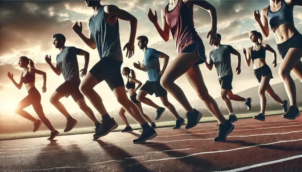 A group of endurance runners alternating between fast-paced running and slow recovery jogs on a track, showcasing structured training methods for improved performance.